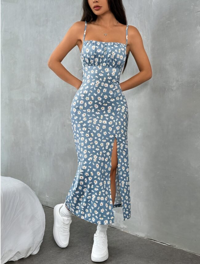 Bedrucktes Knielang Kleid mit Spaghettiträgern und Schlitz Saum für Frauen – Bild 2