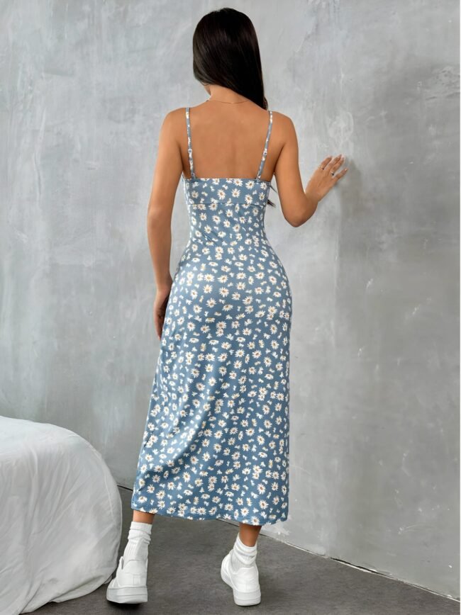 Bedrucktes Knielang Kleid mit Spaghettiträgern und Schlitz Saum für Frauen – Bild 4