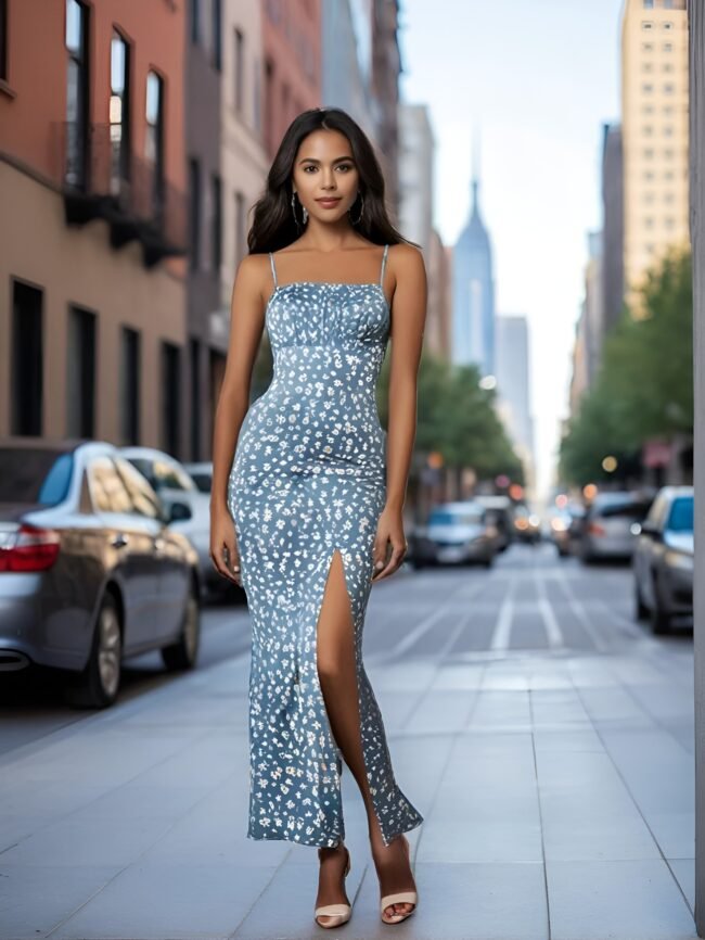 Bedrucktes Knielang Kleid mit Spaghettiträgern und Schlitz Saum für Frauen