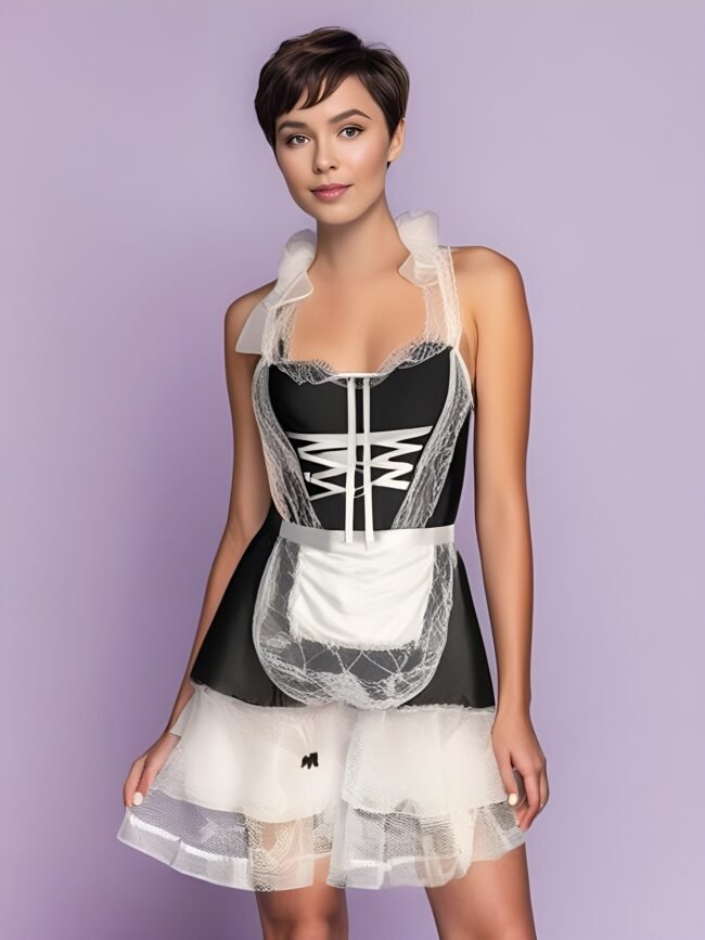 Verführerisches Set – Damen Unterwäsche Spitzen-Strumpfhalter-Kleid mit Cosplay-Dienstmädchen-Uniform – Bild 5