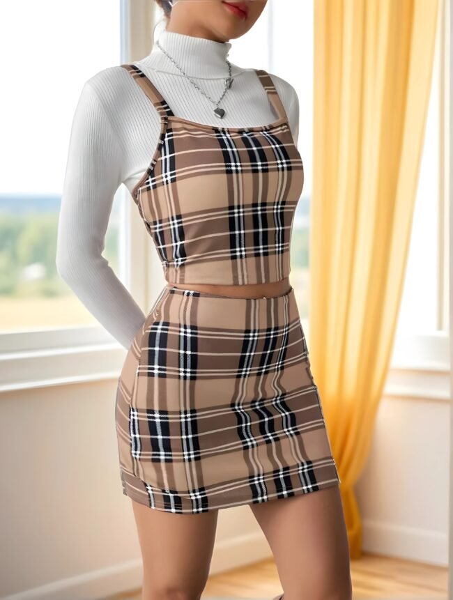 Stylisches Set: Camisole-Top & Karierter Rock – Trendiger Look für jede Gelegenheit – Bild 2
