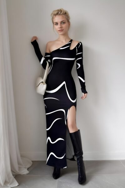 Elenzga Off-Shoulder Kleid – Figurbetont, Elegant & Mit Einzigartigem Graffiti-Muster