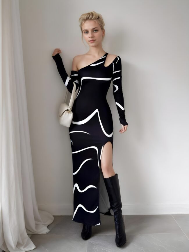 Elenzga Off-Shoulder Kleid – Figurbetont, Elegant & Mit Einzigartigem Graffiti-Muster
