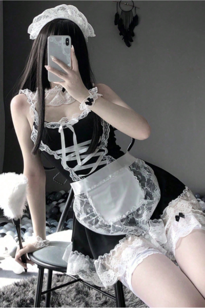 Verführerisches Set – Damen Unterwäsche Spitzen-Strumpfhalter-Kleid mit Cosplay-Dienstmädchen-Uniform