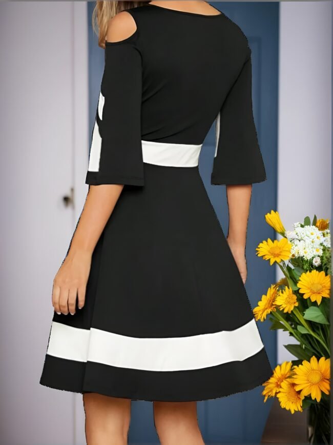 Amorya Elegantes A-Linien-Kleid – Schwarz & Color Block mit Off-Shoulder-Design – Bild 4