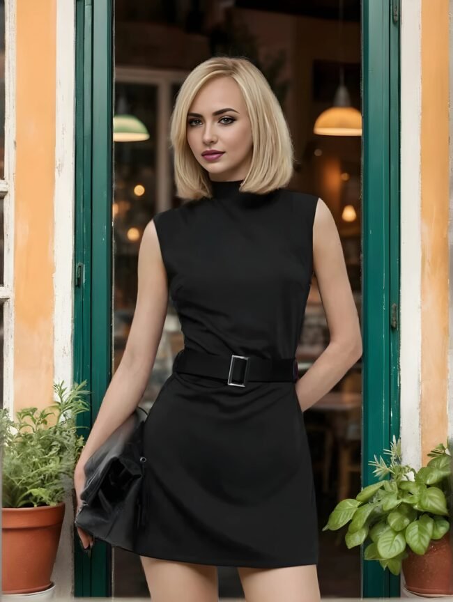Elegantes Schwarzes Pendler-Minikleid für Damen – Ärmelos mit Rundhals & Metallgürtel