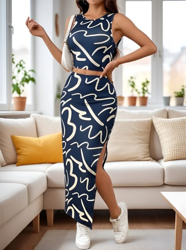 Zweiteiliges Sommer-Set für Damen – Bedrucktes Westentop & Schlitz-Rock – Bild 3