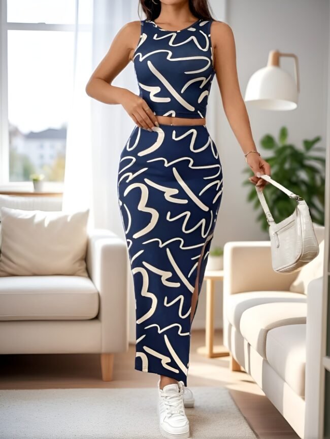 Zweiteiliges Sommer-Set für Damen – Bedrucktes Westentop & Schlitz-Rock