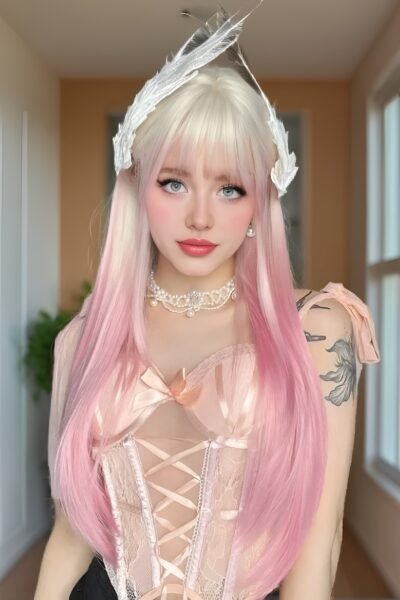 Lange Synthetik-Perücke mit Weiß-Rosa Farbverlauf – 26 Zoll, Glatt & Hitzebeständig