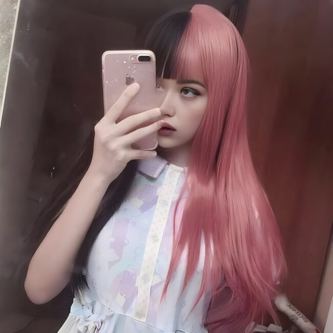 Anime Cosplay Perücke für Damen – Lang, Gewellt, Schwarz & Pink mit Pony – Bild 3