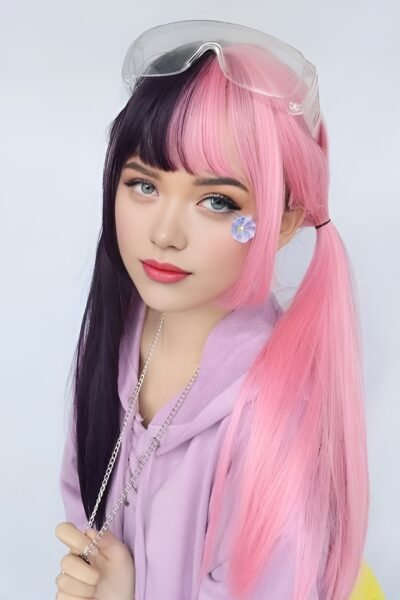 Anime Cosplay Perücke für Damen – Lang, Gewellt, Schwarz & Pink mit Pony