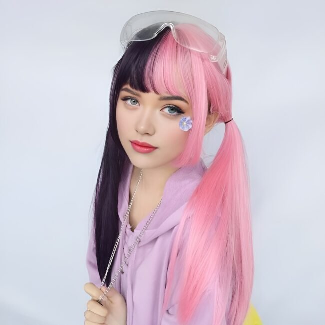 Anime Cosplay Perücke für Damen – Lang, Gewellt, Schwarz & Pink mit Pony