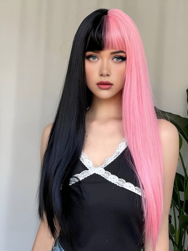 Anime Cosplay Perücke für Damen – Lang, Gewellt, Schwarz & Pink mit Pony – Bild 2