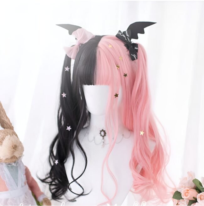 Anime Cosplay Perücke für Damen – Lang, Gewellt, Schwarz & Pink mit Pony – Bild 5