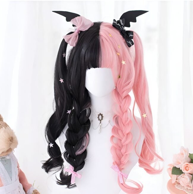 Anime Cosplay Perücke für Damen – Lang, Gewellt, Schwarz & Pink mit Pony – Bild 4