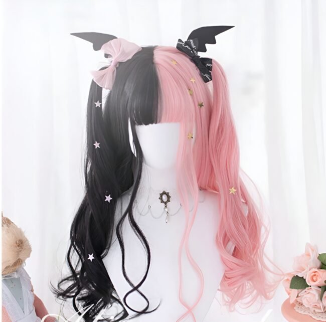 Anime Cosplay Perücke für Damen – Lang, Gewellt, Schwarz & Pink mit Pony – Bild 6