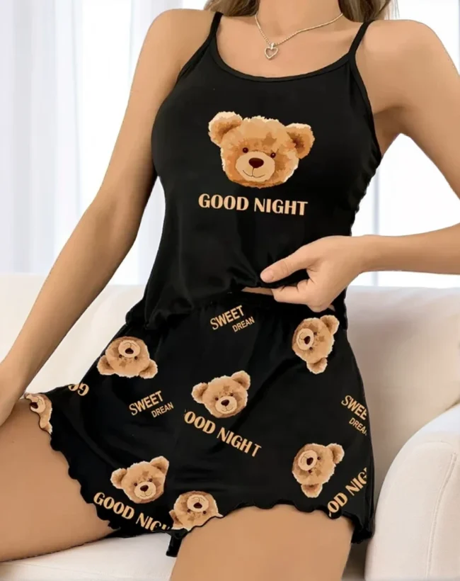 Damen-Pyjama-Set mit süßem Teddybär-Print & „Gute Nacht“-Schriftzug – Lässige Nachtwäsche aus weichem Polyesterstrick – Bild 2