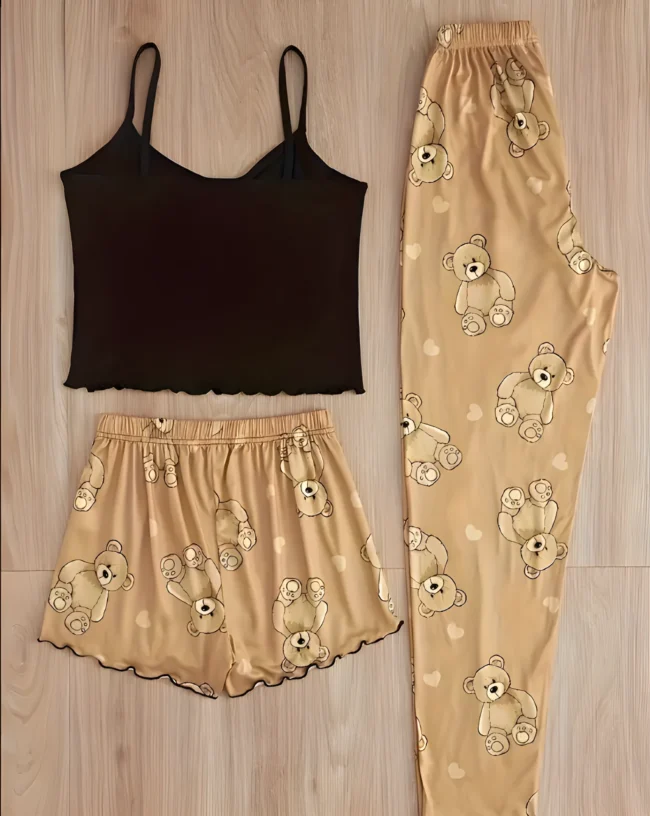Niedlicher Bären-Print Damen-Schlafanzug – 3-teiliges Set mit Crop-Cami-Top, Shorts & Hose | Mit Salatbesatz & Rundhalsausschnitt. Bequeme Loungewear für Zuhause – Bild 2