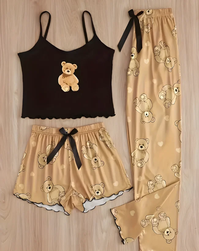 Niedlicher Bären-Print Damen-Schlafanzug – 3-teiliges Set mit Crop-Cami-Top, Shorts & Hose | Mit Salatbesatz & Rundhalsausschnitt. Bequeme Loungewear für Zuhause – Bild 3