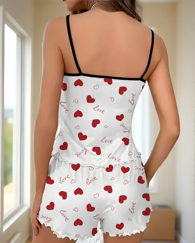 Damen Pyjama-Set mit Herz- & Briefdruck – Rüschenbesatz, Rückenausschnitt & Elastische Shorts – Bild 3