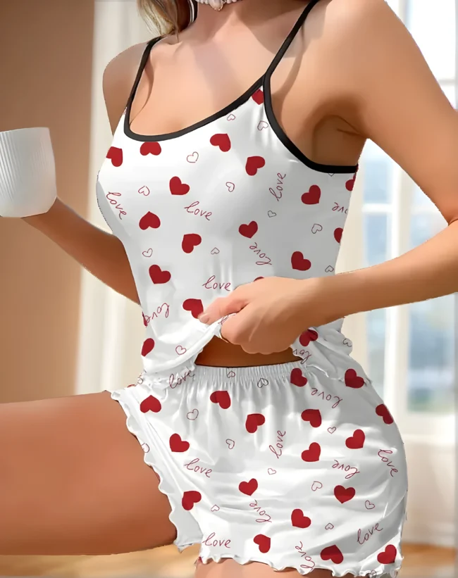 Damen Pyjama-Set mit Herz- & Briefdruck – Rüschenbesatz, Rückenausschnitt & Elastische Shorts – Bild 4
