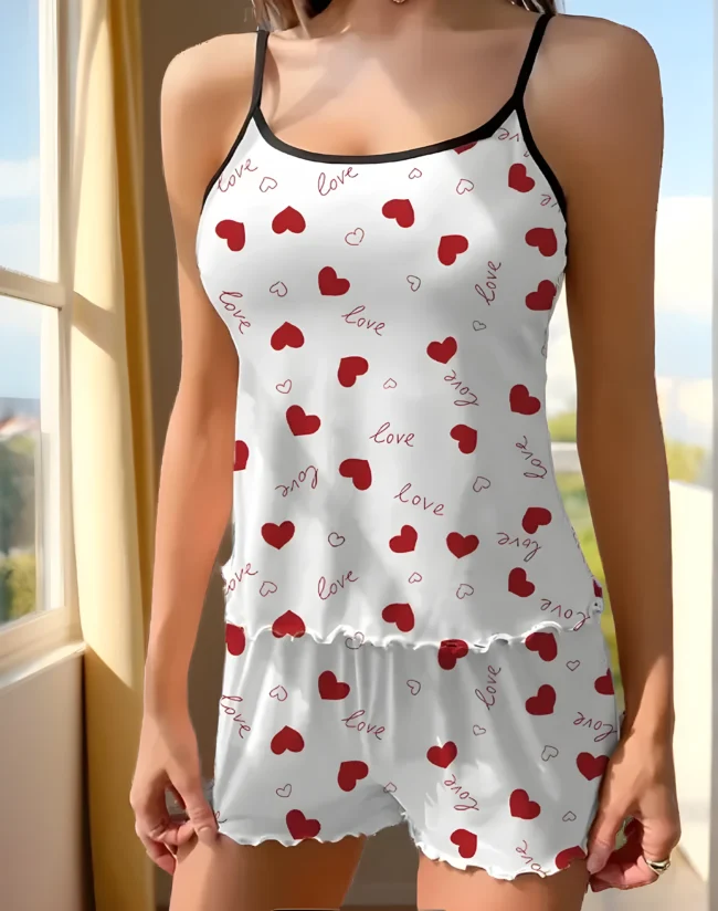 Damen Pyjama-Set mit Herz- & Briefdruck – Rüschenbesatz, Rückenausschnitt & Elastische Shorts – Bild 5
