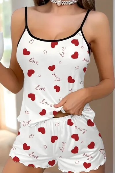 Damen Pyjama-Set mit Herz- & Briefdruck – Rüschenbesatz, Rückenausschnitt & Elastische Shorts
