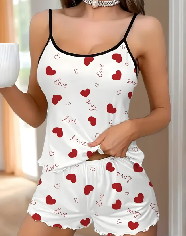 Damen Pyjama-Set mit Herz- & Briefdruck – Rüschenbesatz, Rückenausschnitt & Elastische Shorts