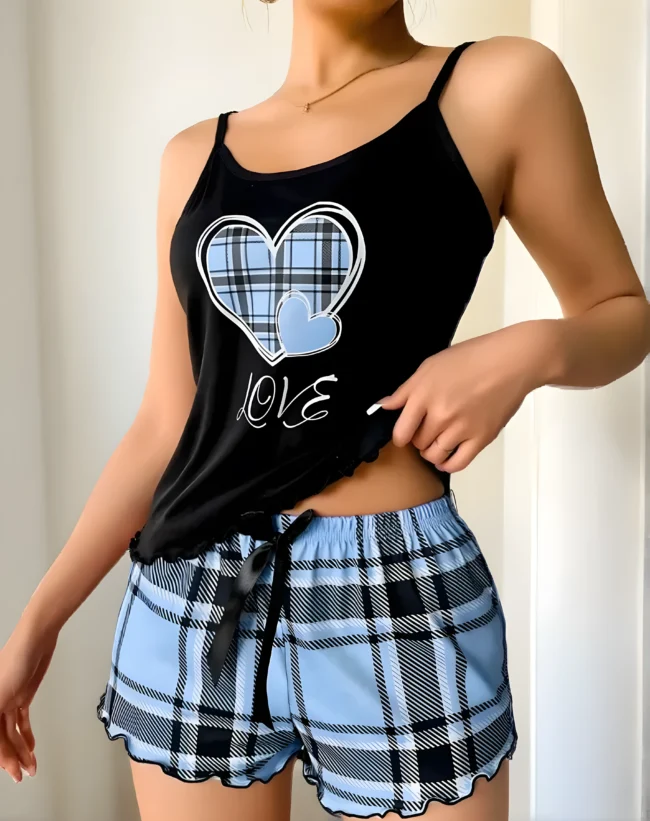 Damen-Pyjama-Set mit Herz- & Karo-Muster – 2-teilig, Weich & Bequem. Nachtwäsche & Loungewear für jede Jahreszeit – Bild 4