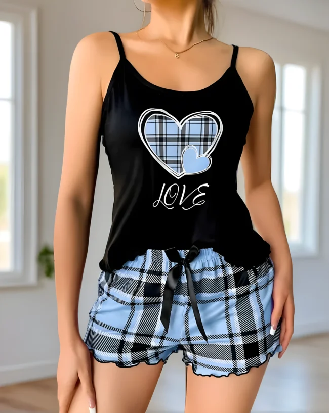 Damen-Pyjama-Set mit Herz- & Karo-Muster – 2-teilig, Weich & Bequem. Nachtwäsche & Loungewear für jede Jahreszeit – Bild 2