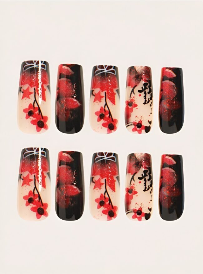 24-teiliges Set – Elegante Selbstklebende Künstliche Nägel im Rot-Schwarz-Blumendesign – Bild 2