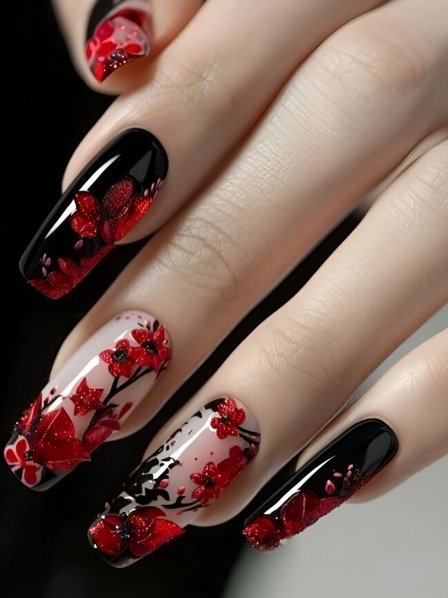 24-teiliges Set – Elegante Selbstklebende Künstliche Nägel im Rot-Schwarz-Blumendesign