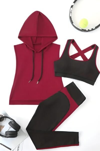 3-teiliges Damen Sport-Set – Kapuzen-Tanktop & Criss Cross Leggings | Ärmelloses Fitness-Outfit für alle Jahreszeiten