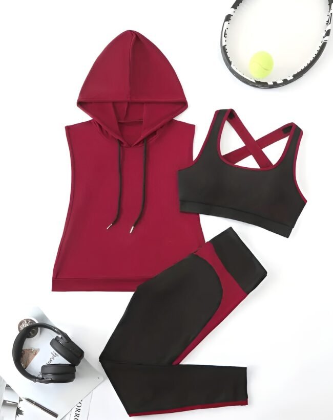 3-teiliges Damen Sport-Set – Kapuzen-Tanktop & Criss Cross Leggings | Ärmelloses Fitness-Outfit für alle Jahreszeiten