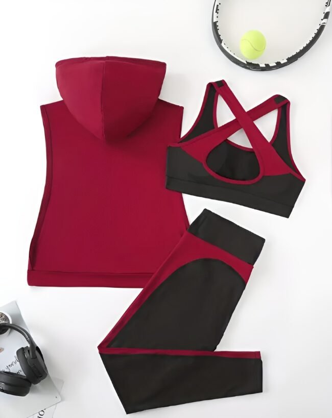 3-teiliges Damen Sport-Set – Kapuzen-Tanktop & Criss Cross Leggings | Ärmelloses Fitness-Outfit für alle Jahreszeiten – Bild 2