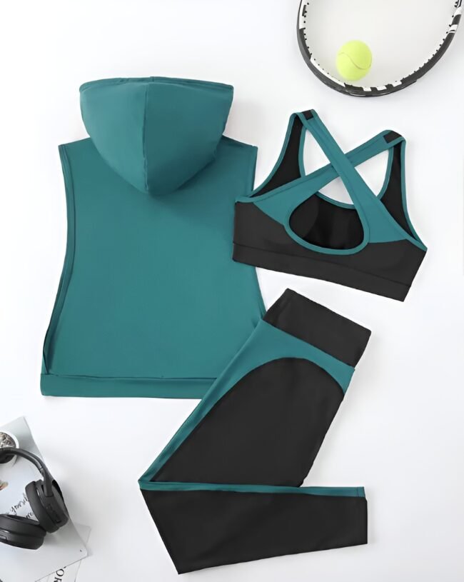 3-teiliges Damen Sport-Set – Kapuzen-Tanktop & Criss Cross Leggings | Ärmelloses Fitness-Outfit für alle Jahreszeiten – Bild 6