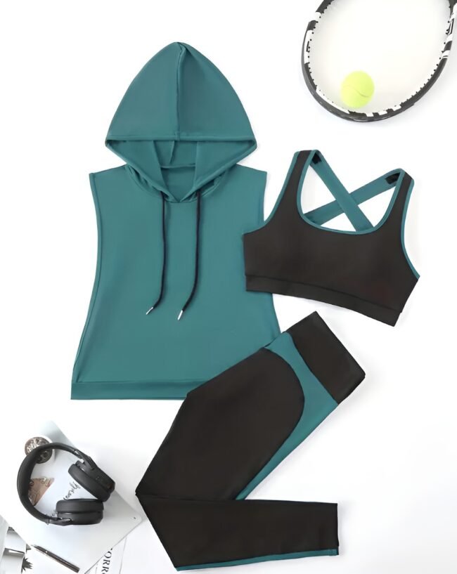3-teiliges Damen Sport-Set – Kapuzen-Tanktop & Criss Cross Leggings | Ärmelloses Fitness-Outfit für alle Jahreszeiten – Bild 8