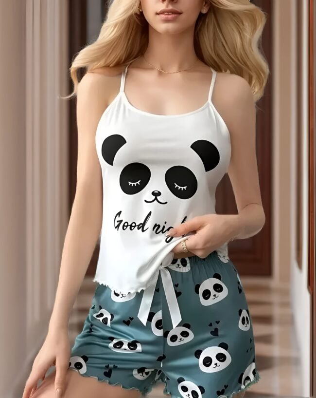 Niedliches Damen-Schlafanzug-Set mit Panda-Motiv – Lockere Passform, Schleifendetail & Elastikbund | Bequem, stilvoll & maschinenwaschbar