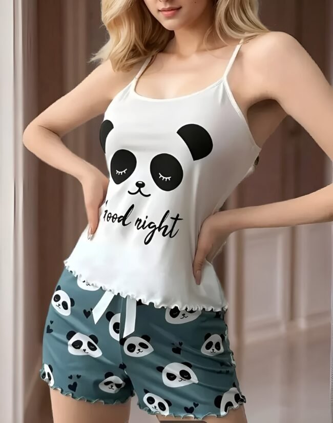 Niedliches Damen-Schlafanzug-Set mit Panda-Motiv – Lockere Passform, Schleifendetail & Elastikbund | Bequem, stilvoll & maschinenwaschbar – Bild 4