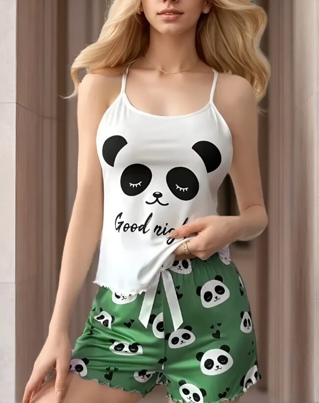 Niedliches Damen-Schlafanzug-Set mit Panda-Motiv – Lockere Passform, Schleifendetail & Elastikbund | Bequem, stilvoll & maschinenwaschbar – Bild 5