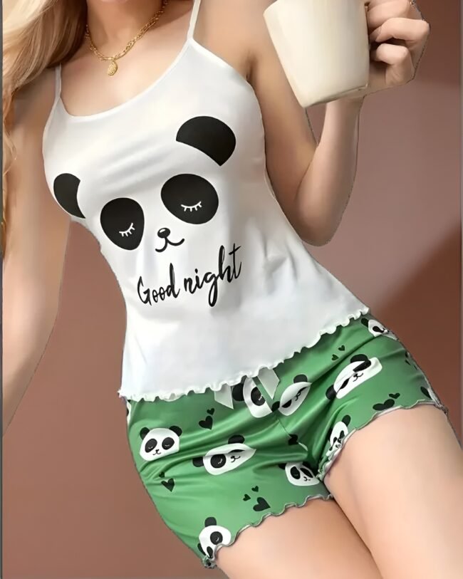 Niedliches Damen-Schlafanzug-Set mit Panda-Motiv – Lockere Passform, Schleifendetail & Elastikbund | Bequem, stilvoll & maschinenwaschbar – Bild 6