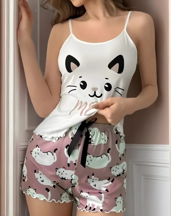 Damen-Pyjama-Set mit niedlichem Katzenmotiv – Weiches Oberteil & elastische Spitzen-Shorts mit Schleife | Perfekt für süße Träume & entspannte Abende – Bild 4