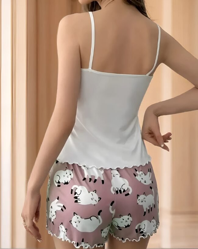 Damen-Pyjama-Set mit niedlichem Katzenmotiv – Weiches Oberteil & elastische Spitzen-Shorts mit Schleife | Perfekt für süße Träume & entspannte Abende – Bild 2