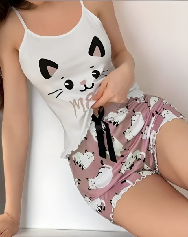 Damen-Pyjama-Set mit niedlichem Katzenmotiv – Weiches Oberteil & elastische Spitzen-Shorts mit Schleife | Perfekt für süße Träume & entspannte Abende – Bild 3