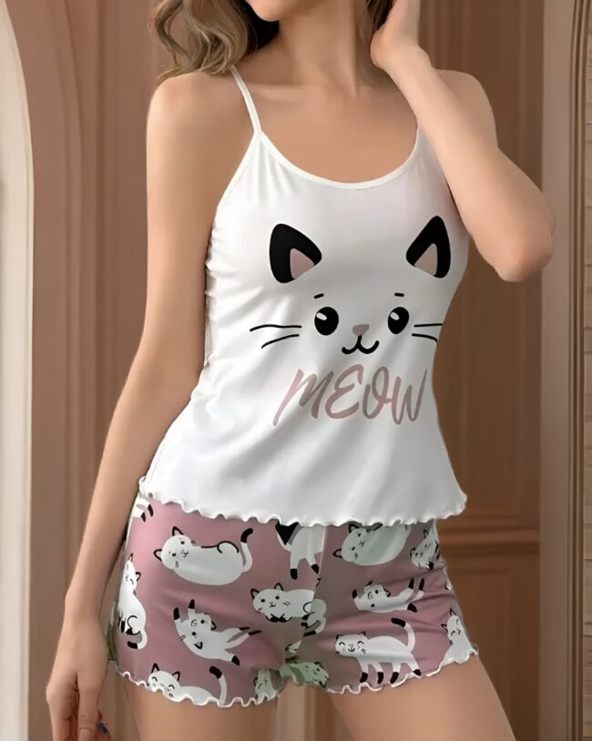 Damen-Pyjama-Set mit niedlichem Katzenmotiv – Weiches Oberteil & elastische Spitzen-Shorts mit Schleife | Perfekt für süße Träume & entspannte Abende
