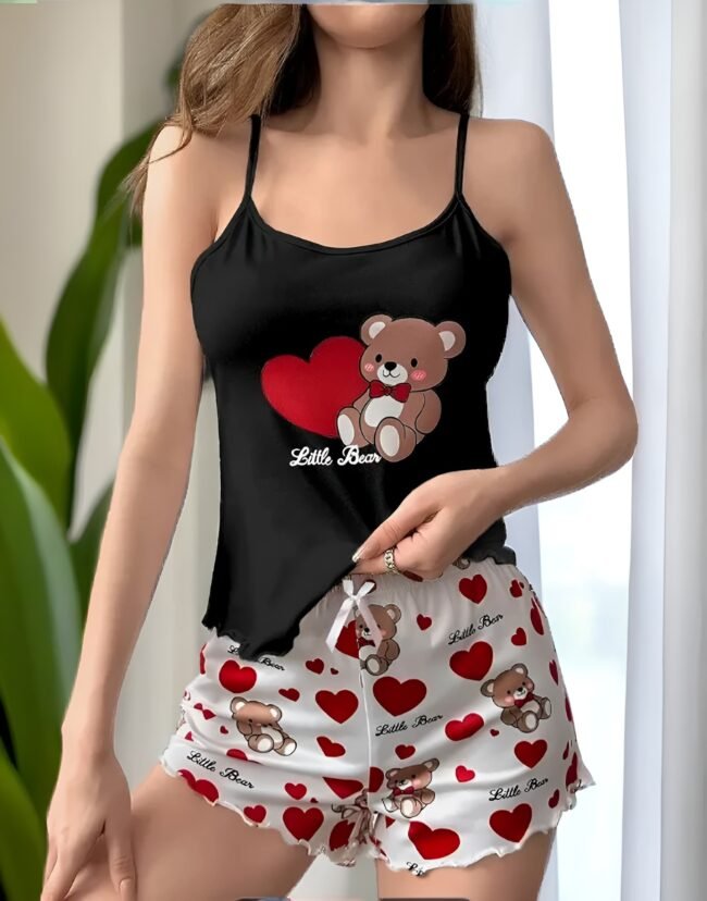 Damen-Pyjama-Set mit Bären- & Herzprint – Rüschenbesatz, rückenfreies Camisole und elastische Shorts | Süße Nachtwäsche für entspannte Stunden – Bild 4
