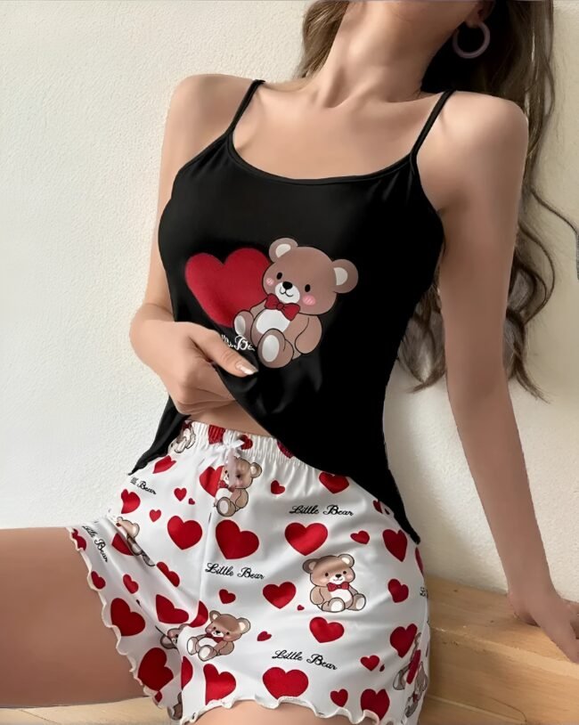 Damen-Pyjama-Set mit Bären- & Herzprint – Rüschenbesatz, rückenfreies Camisole und elastische Shorts | Süße Nachtwäsche für entspannte Stunden – Bild 5