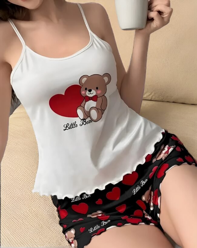 Damen-Pyjama-Set mit Bären- & Herzprint – Rüschenbesatz, rückenfreies Camisole und elastische Shorts | Süße Nachtwäsche für entspannte Stunden – Bild 6