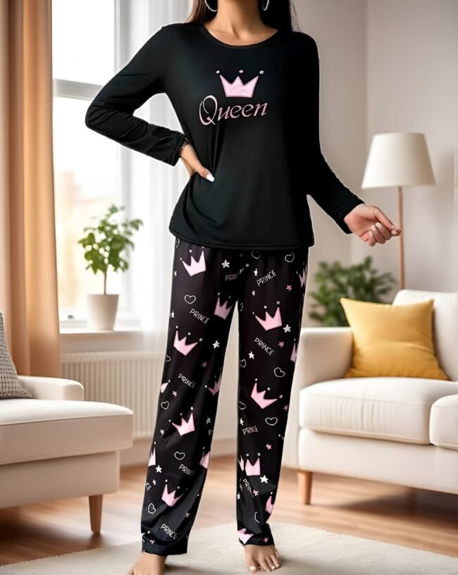 amen-Pyjama-Set mit stilvollem Königskronen-Druck – Langarm & Langhose | Elegante Loungewear für gemütliche Nächte – Bild 2