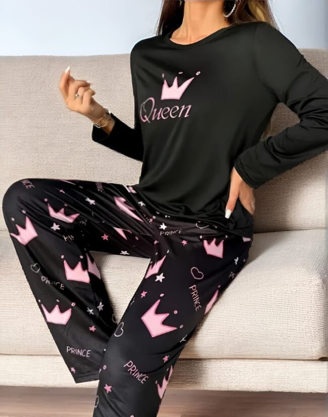 amen-Pyjama-Set mit stilvollem Königskronen-Druck – Langarm & Langhose | Elegante Loungewear für gemütliche Nächte – Bild 3